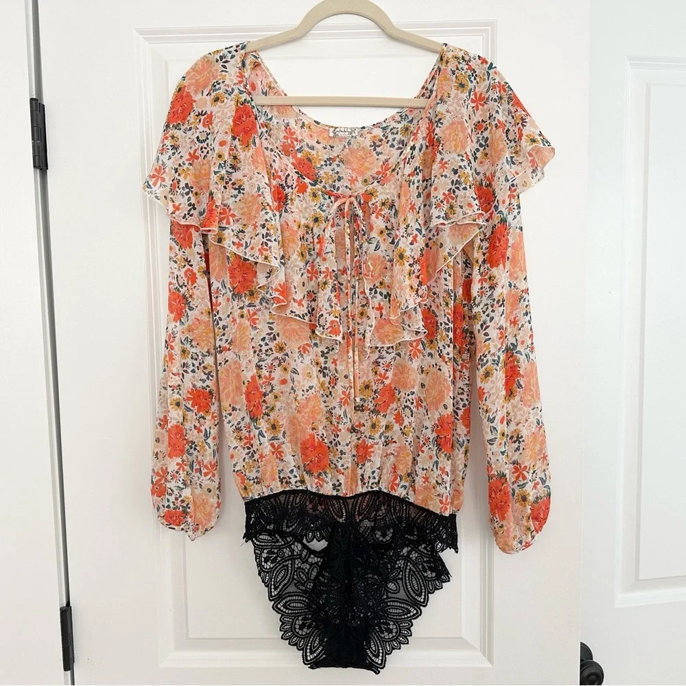 Free People Intimately Free Say It To Me Orange and Cream Bodysuit-Floral Blouse